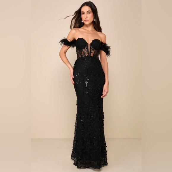 Lulus Dresses & Skirts - MIDNIGHT SPARKLE BLACK EMBROIDERED FEATHER BUSTIER MAXI DRESS